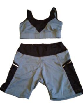 Women's Size S/M Blue Pockets Stretch Yoga Workout Racerback Bra Short Set 2pc